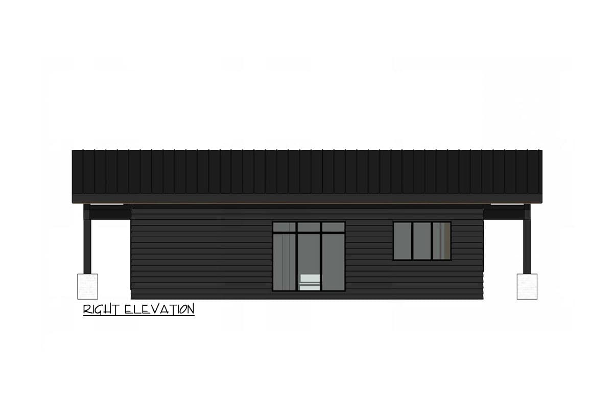 Right elevation drawing of a modern house with horizontal siding, a standing seam roof, and large windows.