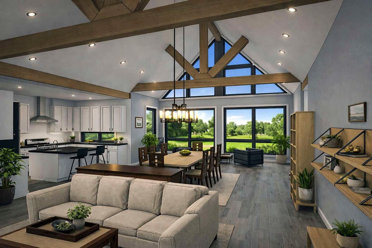 Plan 147068RML:  Striking Contemporary House Plan with A-Frame Glass Gable and Open-Concept Great Room - Image #5 - A-Frame, Contemporary, Craftsman, Modern Farmhouse, Northwest, Scandinavian, Transitional