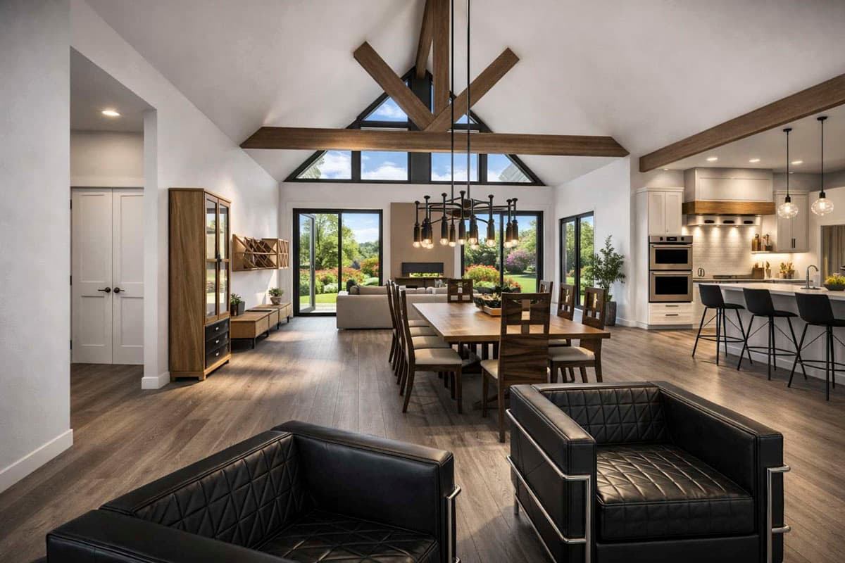 Plan 147068RML:  Striking Contemporary House Plan with A-Frame Glass Gable and Open-Concept Great Room - Image #6 - A-Frame, Contemporary, Craftsman, Modern Farmhouse, Northwest, Scandinavian, Transitional