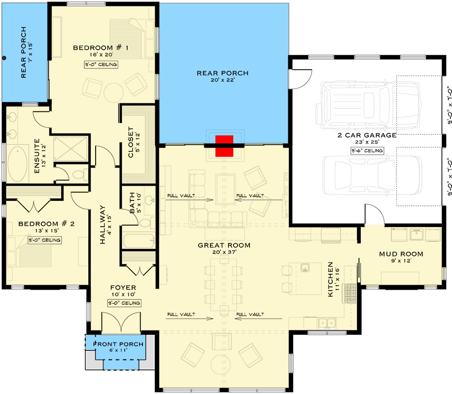Plan 147068RML:  Striking Contemporary House Plan with A-Frame Glass Gable and Open-Concept Great Room - Floor Plan - Main Level - A-Frame, Contemporary, Craftsman, Modern Farmhouse, Northwest, Scandinavian, Transitional