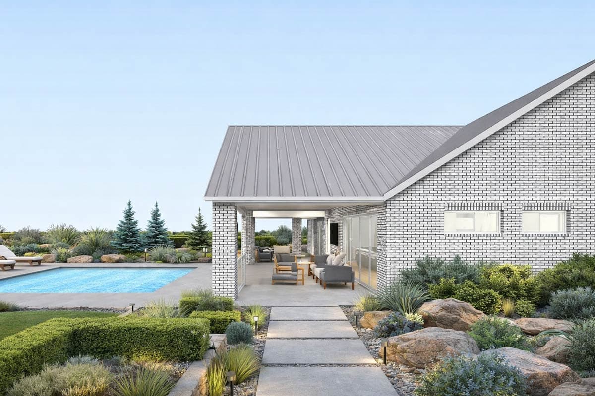 Modern house plan exterior with white brick, metal roof, covered patio, and swimming pool.