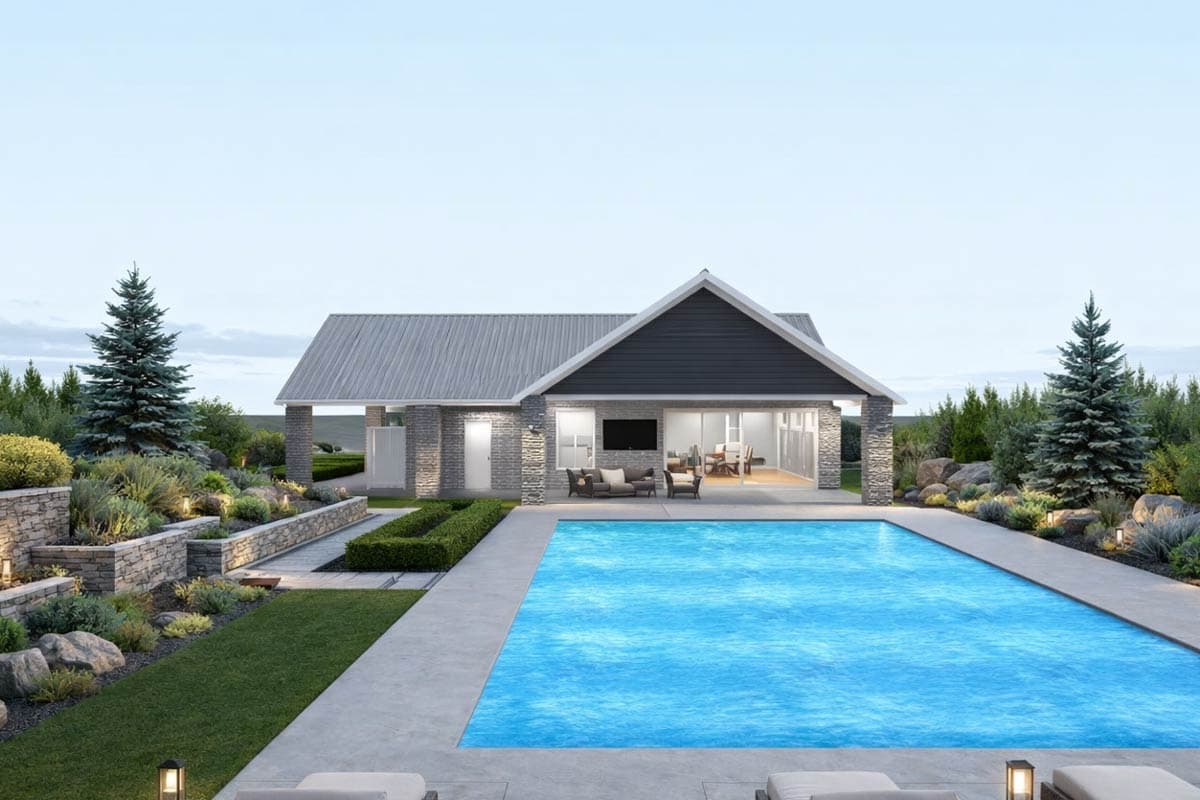Modern single-story house plan exterior with stone accents, large gable, metal roof, and covered patio opening to a pool.