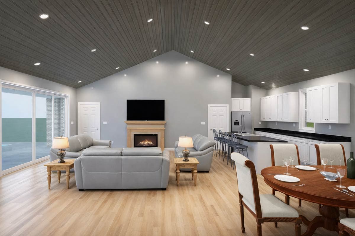 Open-concept living space with vaulted ceiling, fireplace, modern kitchen with island, and dining area.