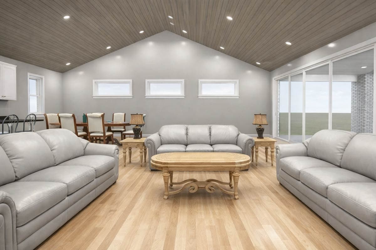 Interior rendering of a great room with vaulted wood-paneled ceiling, sofas, dining area, and large glass doors.