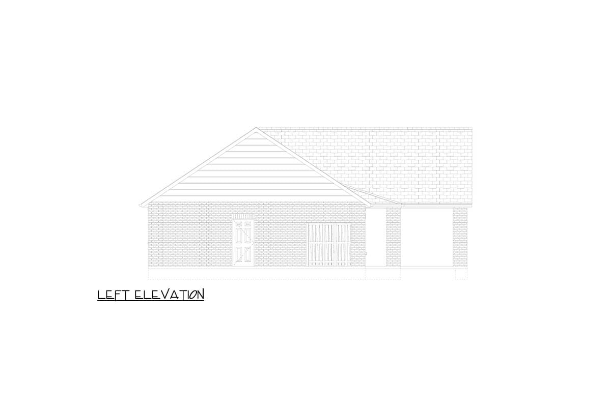 Left elevation house plan showing brick exterior, gabled roof, front door, and attached garage.