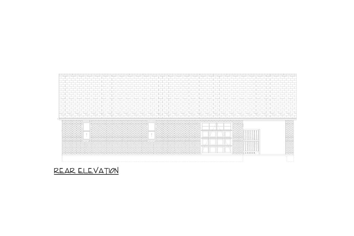 Rear elevation drawing of a brick house with a gabled roof, multiple windows, and a covered entryway with a gate.