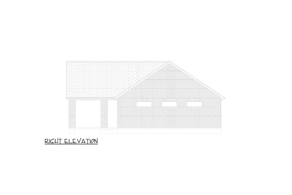 Right elevation house plan drawing showing a brick exterior with a covered entrance and three rectangular windows.