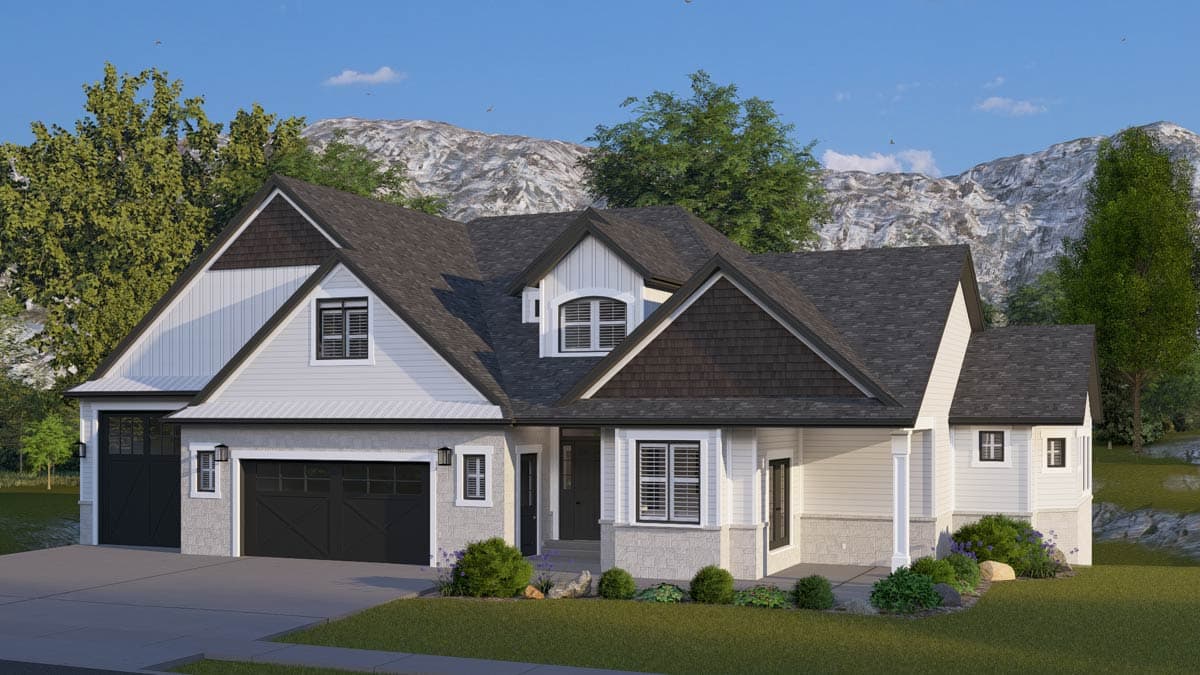 Modern Farmhouse house plan exterior with a dormer, white siding, stone accents, and a side-entry garage.