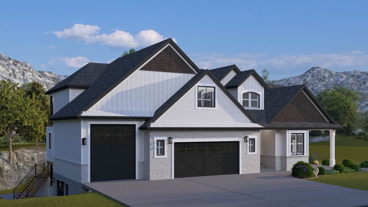 House plan exterior: Two-story Modern Farmhouse with a front-facing three-car garage, gables, and covered porch.