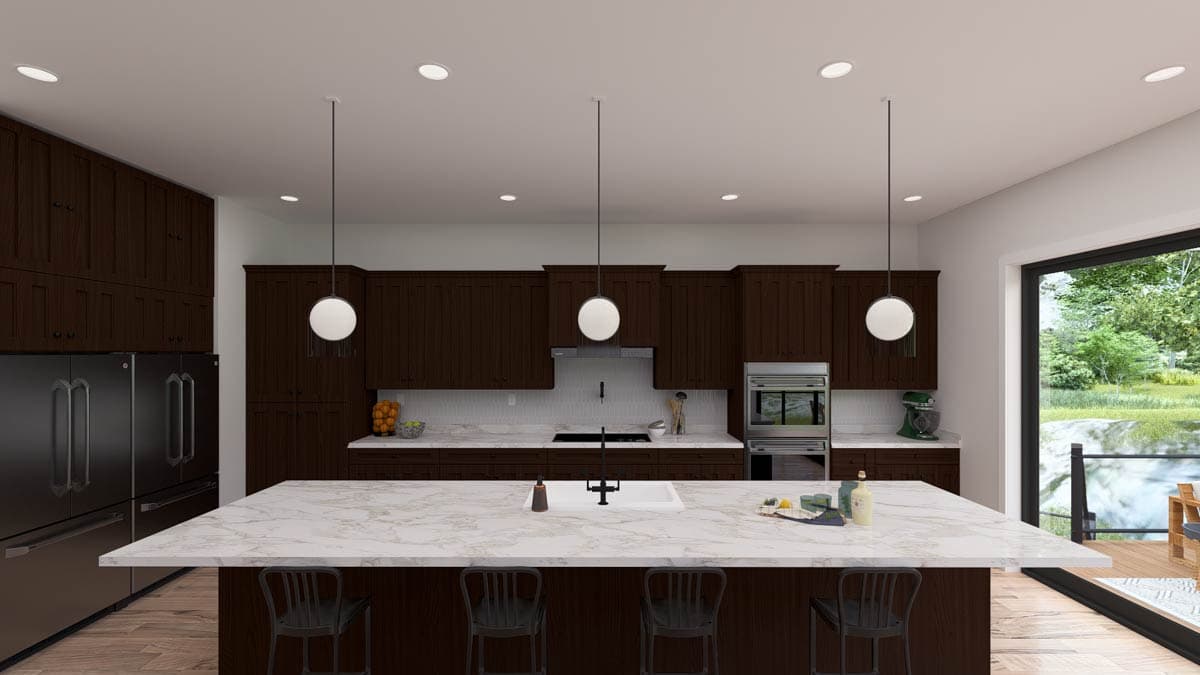 Kitchen rendering with dark wood cabinetry, marble island with sink, and large window overlooking outdoor space.