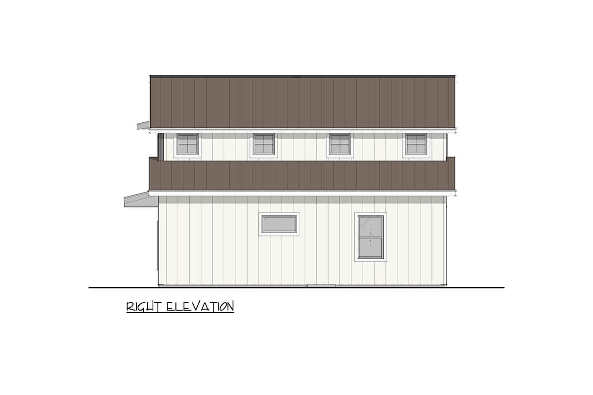 Right elevation of a two-story house plan with a metal roof, siding, and multiple windows.
