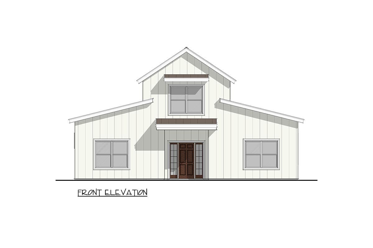 Front elevation of a two-story house plan with a prominent gable, covered entryway with double doors, and three windows.