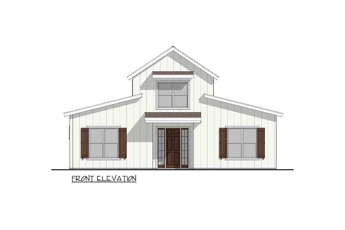 Front elevation of a two-story house plan with a prominent gable, double front door, and board-and-batten siding.