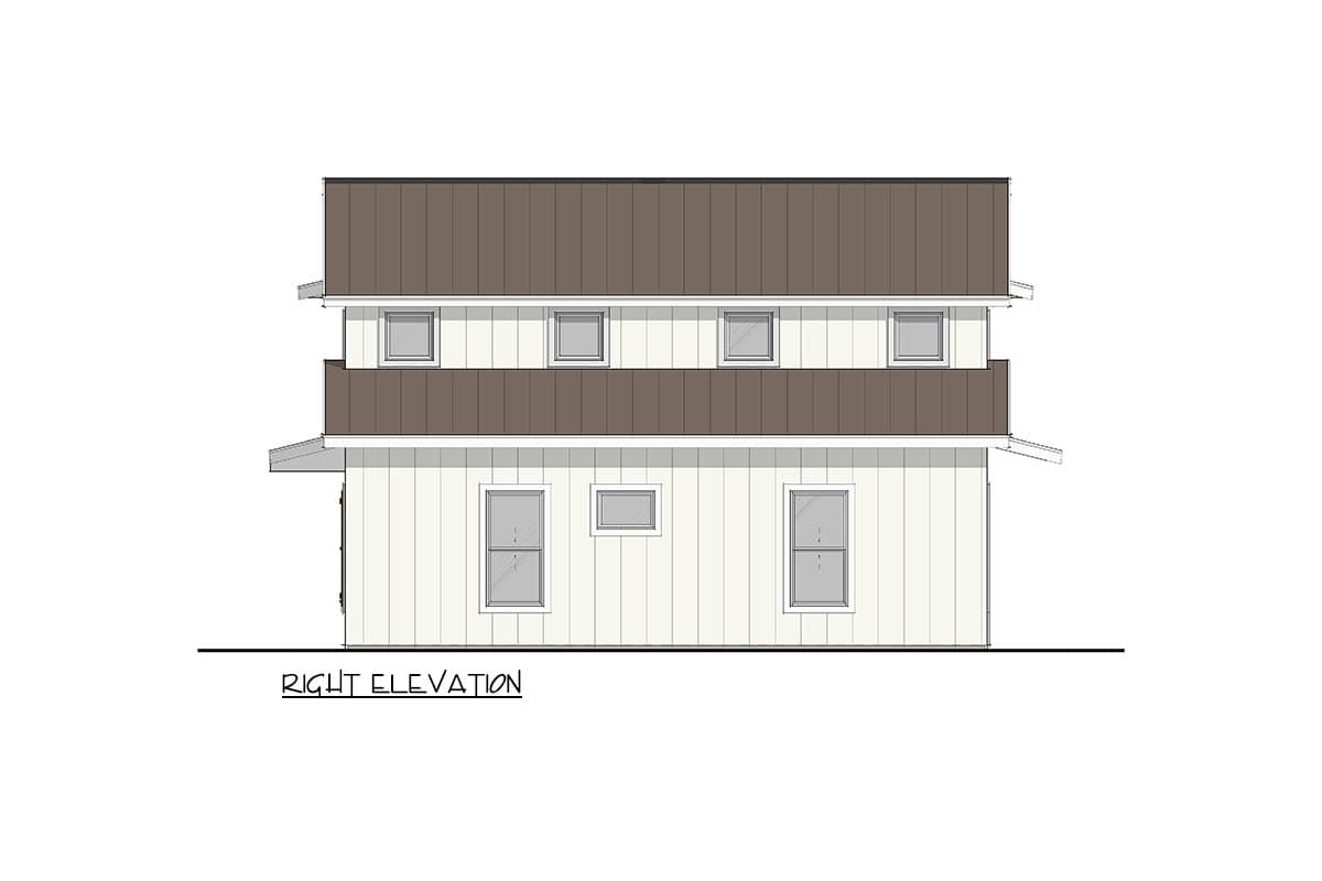 Right elevation drawing of a two-story house with a metal gable roof, horizontal siding, and multiple windows.