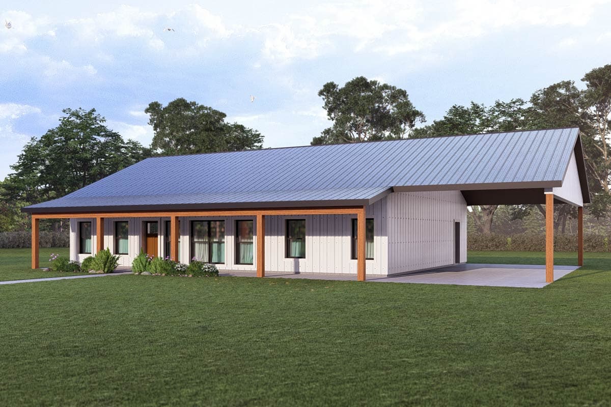 Plan 405131FDC: Modern Barndominium House Plan with 3 Bedrooms and Attached Carport  - Image #2 - Barndominium