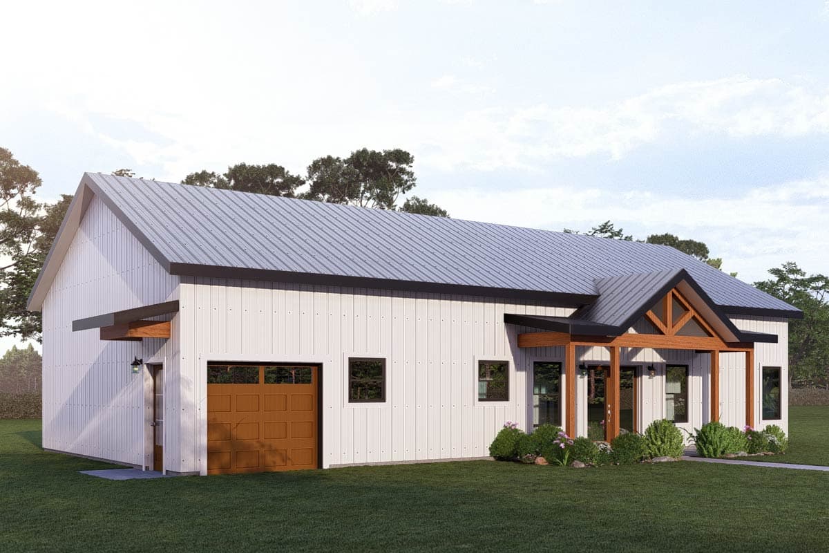 Plan 405132FDC: Charming 3-Bedroom Barndominium House Plan with Home Office - Image #1 - Barndominium