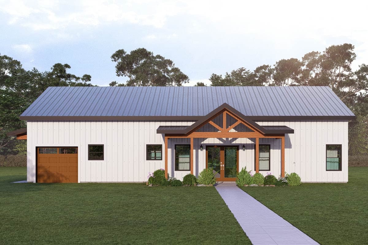 Plan 405132FDC: Charming 3-Bedroom Barndominium House Plan with Home Office - Image #2 - Barndominium