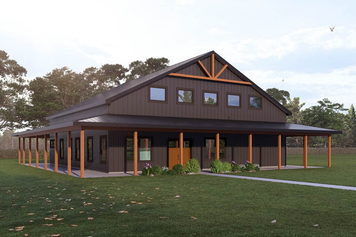 House plan exterior: Barn style, one story with wrap-around porch, prominent gable roof with exposed rafters, and dark vertical siding.