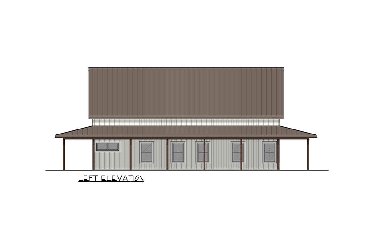Left elevation of a house plan featuring a wraparound porch, gable roof, and vertical siding.