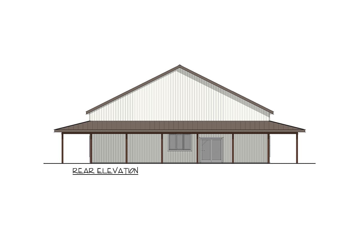 Rear elevation drawing of a house plan with a gabled roof, porch, and sliding doors.