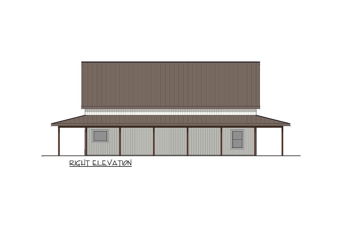 House plan right elevation drawing showing a two-story structure with a wraparound porch and gable roof.