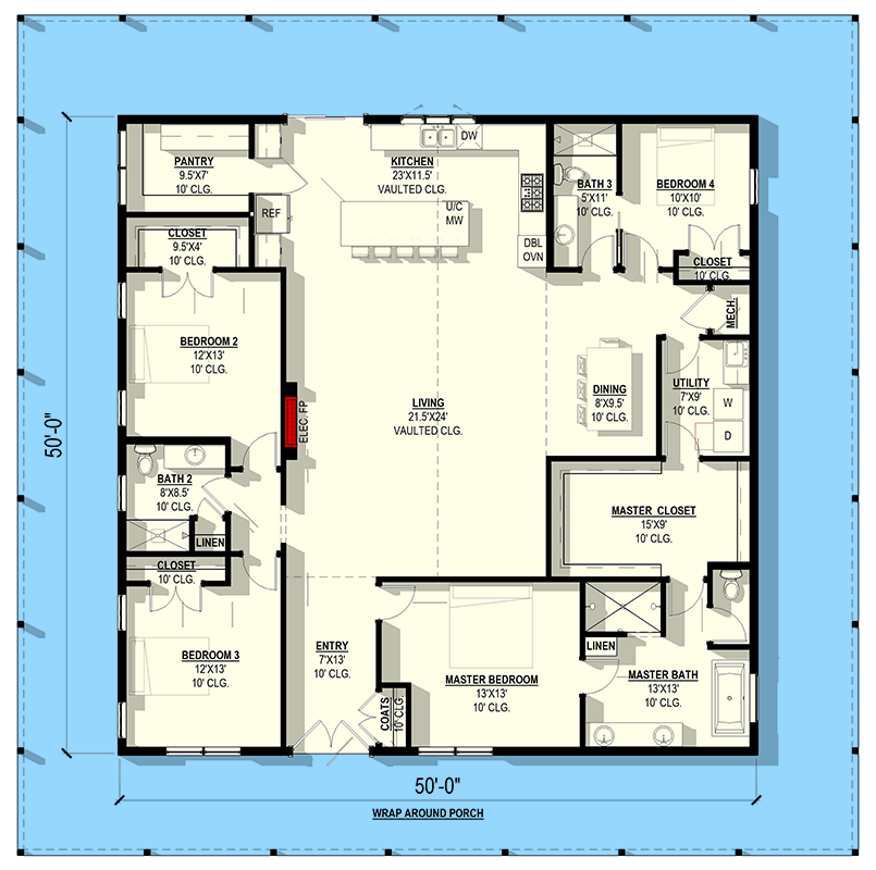 Plan 405135FDC: Modern Barndominium House Plan with 4 Bedrooms and Wrap-Around Porch - Floor Plan - Main Level - Barndominium, Modern Farmhouse