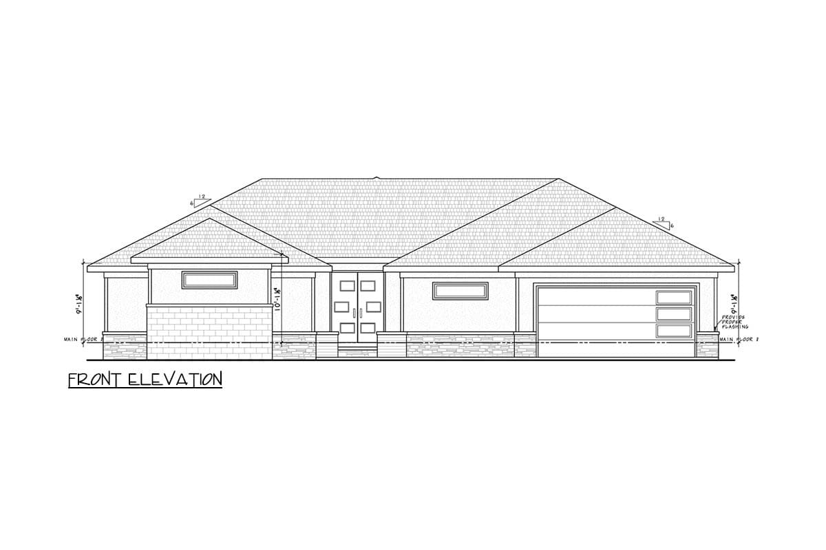 Front elevation house plan for a one-story home with a prominent gable roof, attached garage, and brick and stone accents.
