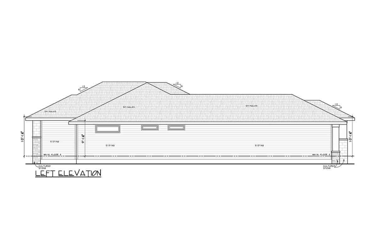 Left elevation floor plan drawing showing a house with siding, cultured stone accents, and a shingled roof.