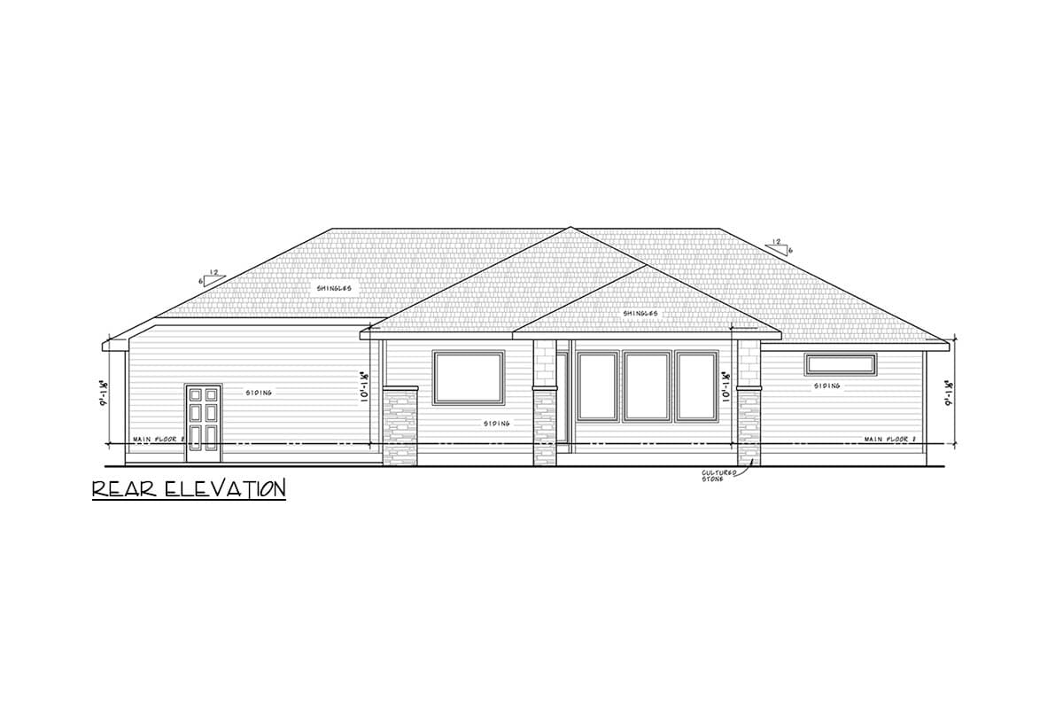 Rear elevation house plan drawing showing siding, cultured stone accents, and a shingled roof.