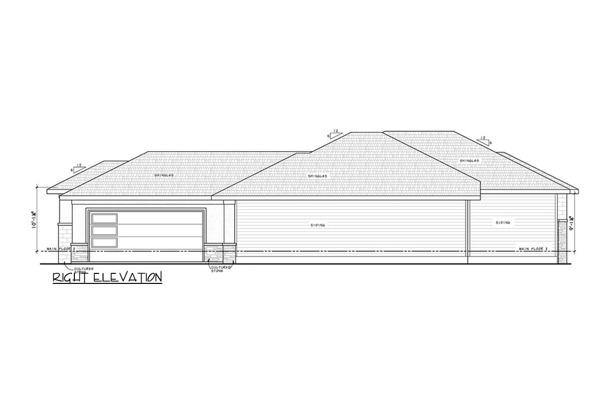 Right elevation house plan shows a single-story structure with a multi-section roof, siding, and cultured stone accents on the garage.