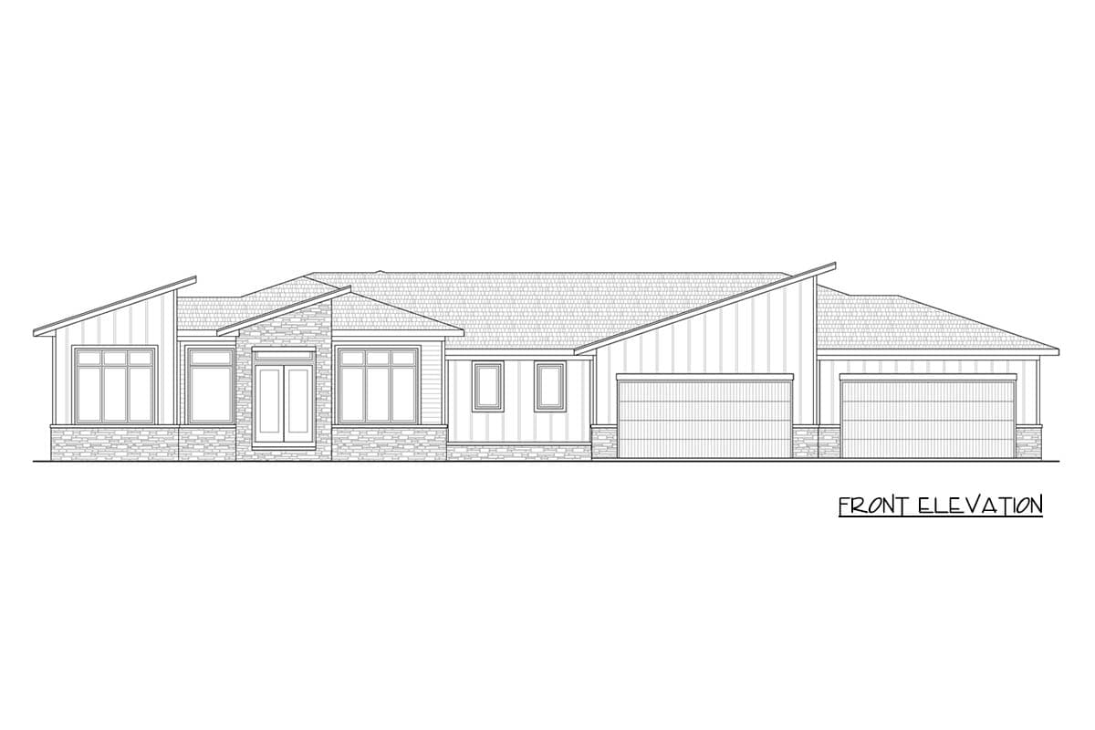 Front elevation of a single-story house plan with a stucco facade, multiple gables, a covered entry, and a three-car garage.