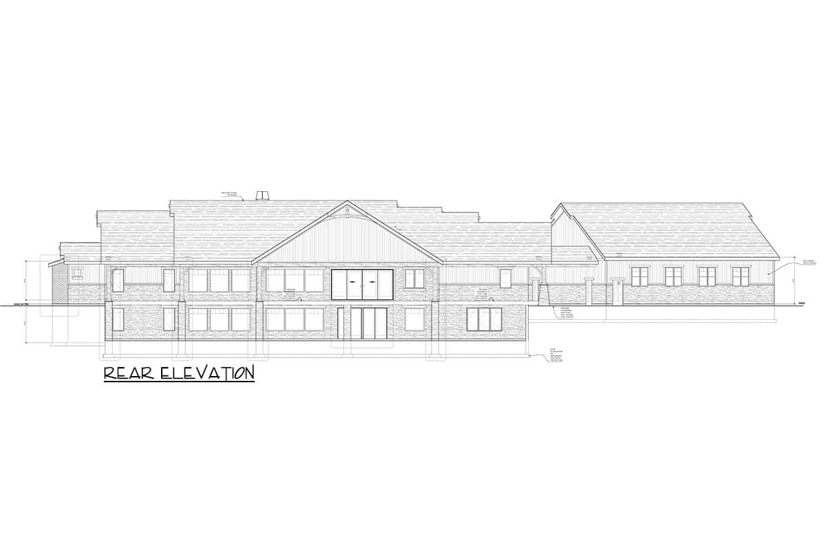 Rear elevation drawing of a house plan showing multiple stories, large windows, and varied rooflines.