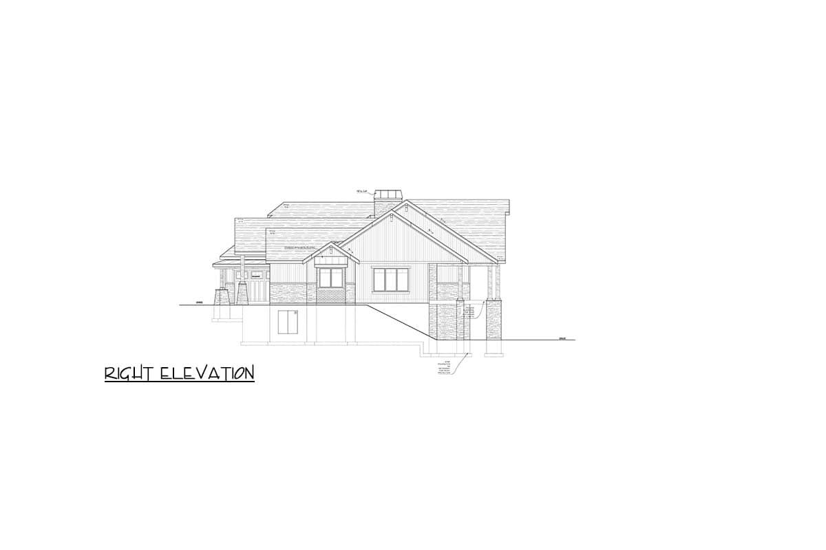 Right elevation floor plan drawing showing a two-story house with gables, dormers, and stone accents.