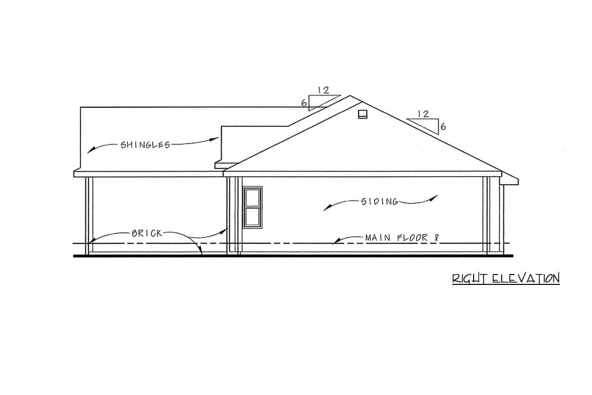 Right elevation house plan showing brick base, siding walls, covered porch, and shingle roof with pitched gables.