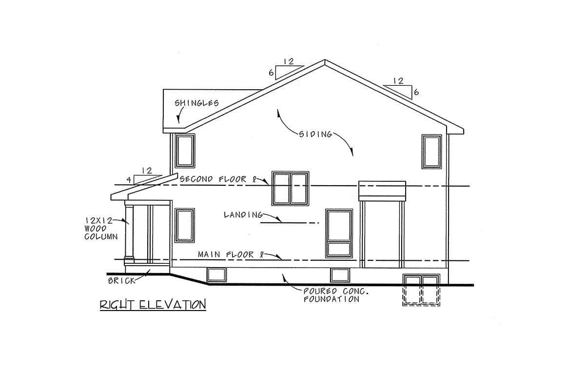 Right elevation architectural drawing showing two stories, pitched roof with shingles, wood columns, brick foundation, and siding.