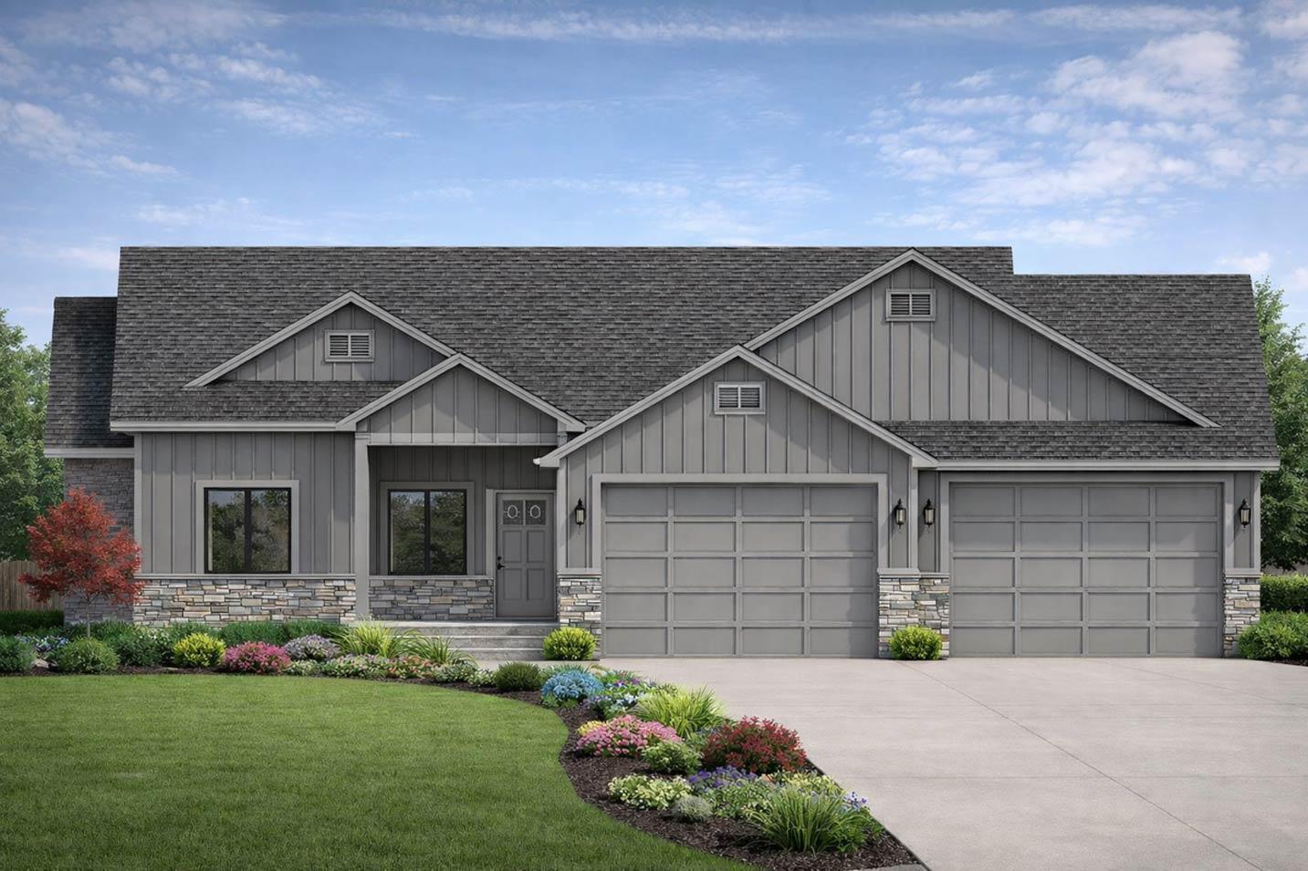House plan exterior: Modern Farmhouse style, two-story, with a covered porch, gables, stone accents, and a three-car garage.
