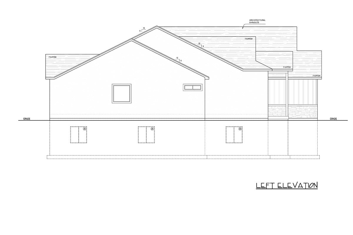 Left elevation drawing showing a house plan with multiple rooflines, windows, and basement openings.