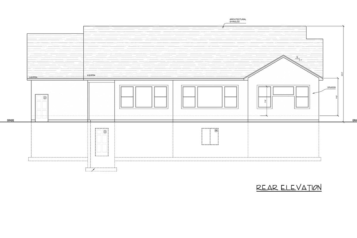 Rear elevation house plan: single story with stucco finish, multiple windows, and two doors.