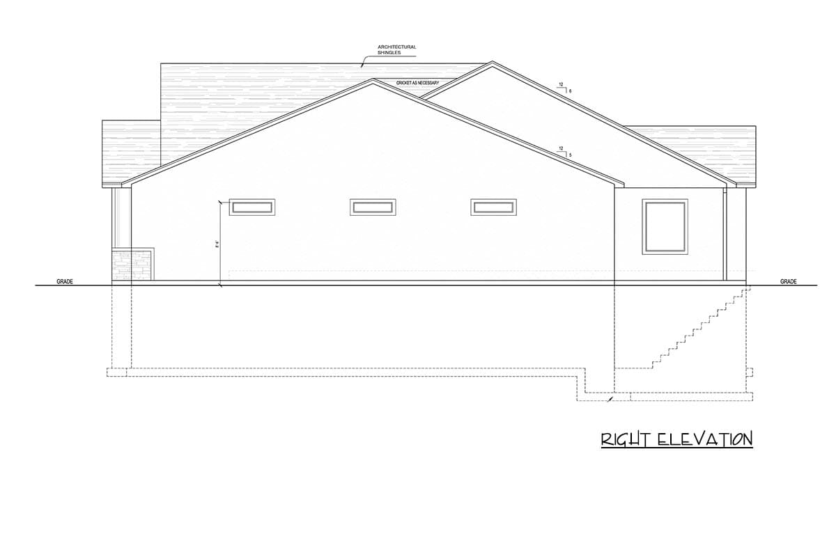 Right elevation house plan with gabled rooflines, multiple small windows, and stone base on a porch.