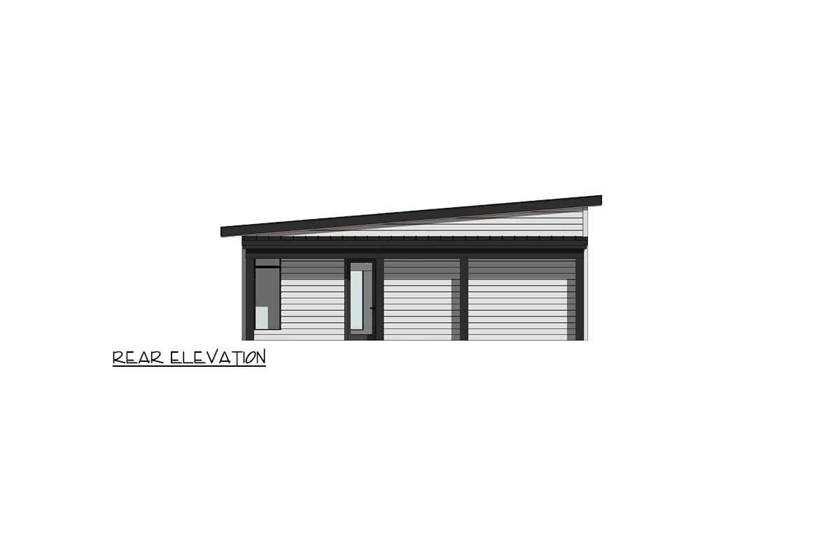 Rear elevation drawing showing a single-story house with horizontal siding, a shed roof, a window, and a garage.