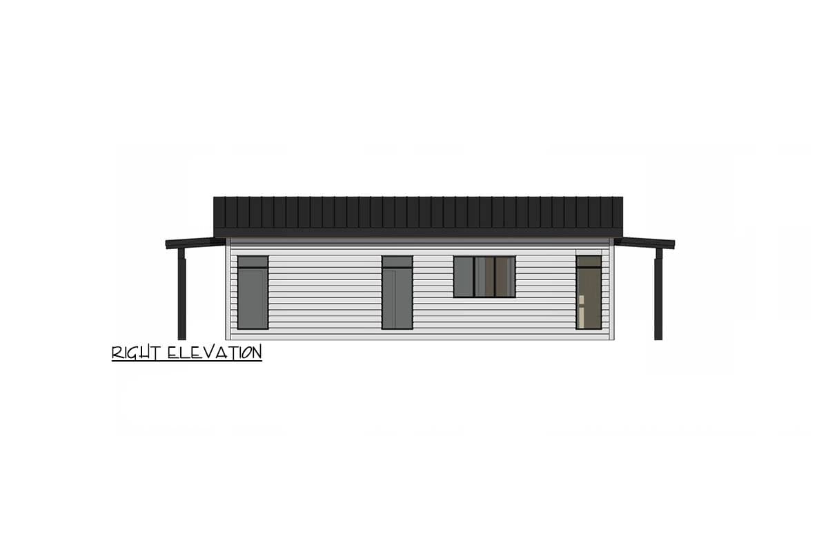 Right elevation drawing of a single-story house plan with horizontal siding, a shed roof, and three windows.