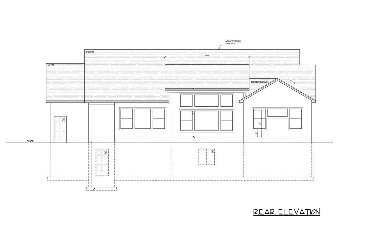 Rear elevation drawing of a house plan, showing multiple rooflines, various window configurations, and foundation details.