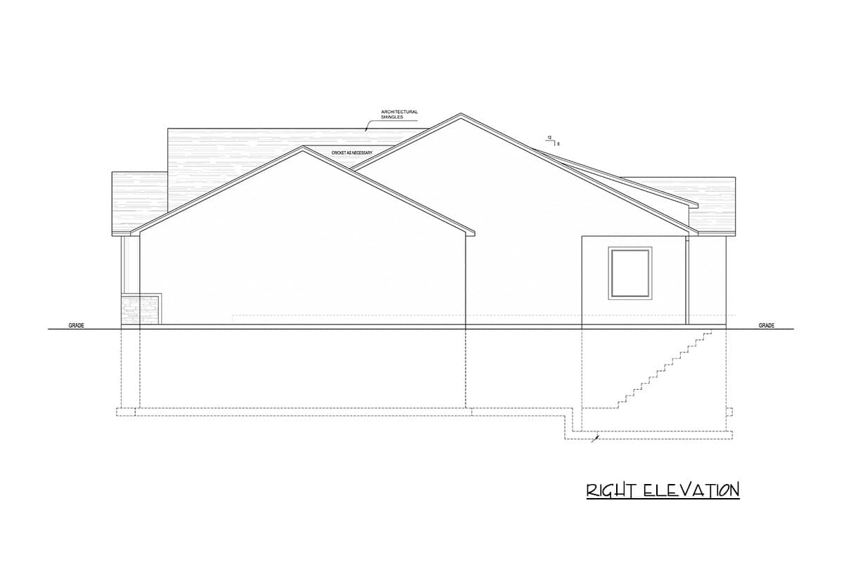 Right elevation house plan drawing showing a single-story house with a prominent gable roof, a small covered entry, and a basement entrance.