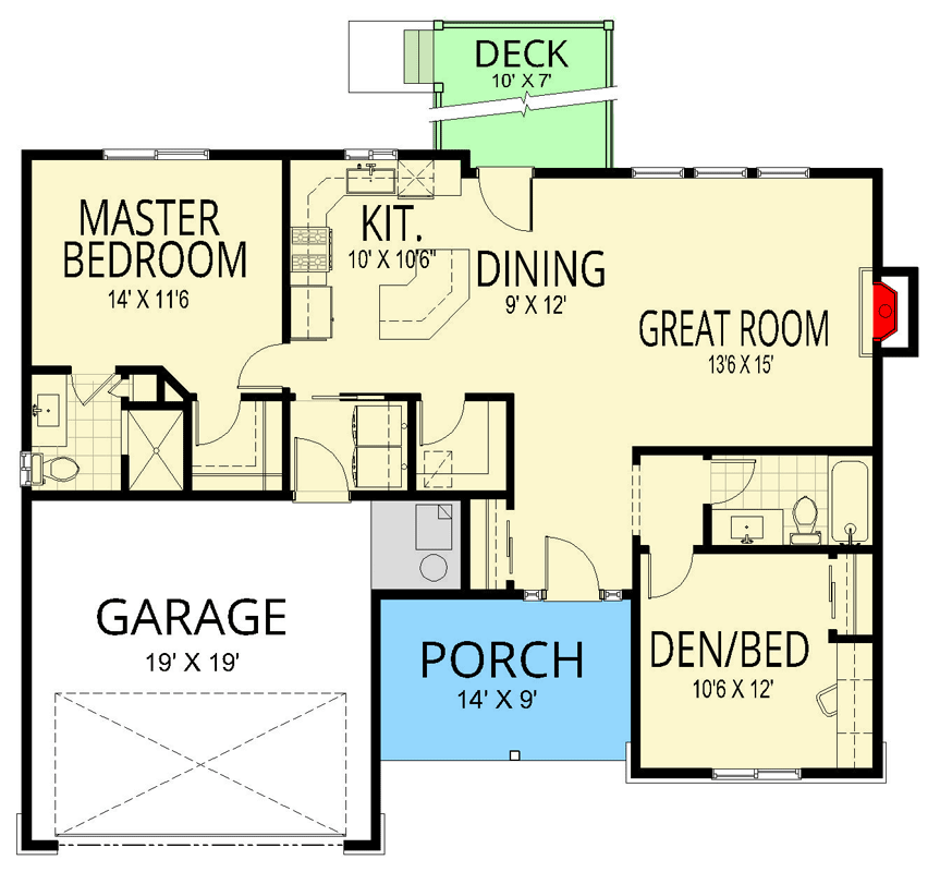 Plan 267113SPK: Traditional House Plan: 1 Bedroom, Den, 2-Car Garage - Floor Plan - Main Level - Craftsman, Ranch, Traditional