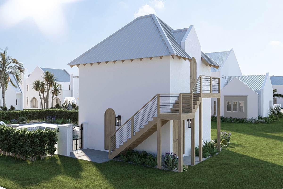 House plan exterior rendering with a stepped roofline, arched doorways, and an elevated wooden staircase with metal railings.
