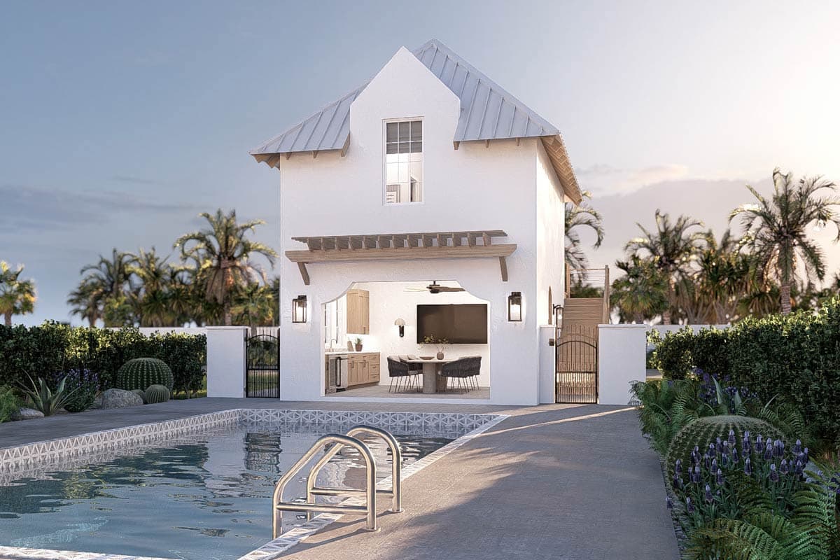 Two-story house plan exterior with a metal gable roof, open-air kitchen, and a swimming pool.