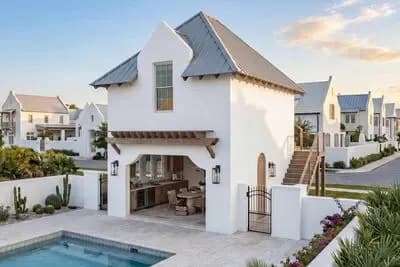 Coastal Contemporary Pool House Plan with Outdoor Kitchen and Bunk Room