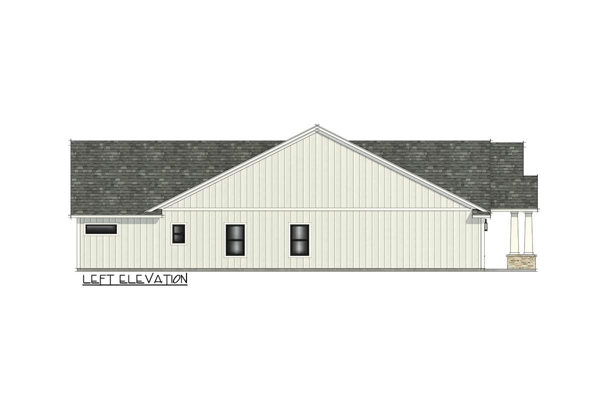 Left elevation of a house plan featuring a gabled roof, vertical siding, and a covered porch with stone accents.