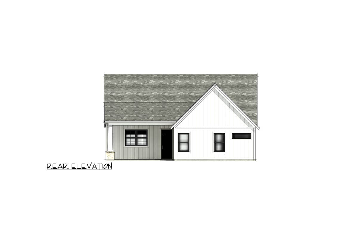 Rear elevation drawing of a house plan featuring a gable roof, board and batten siding, and multiple windows.