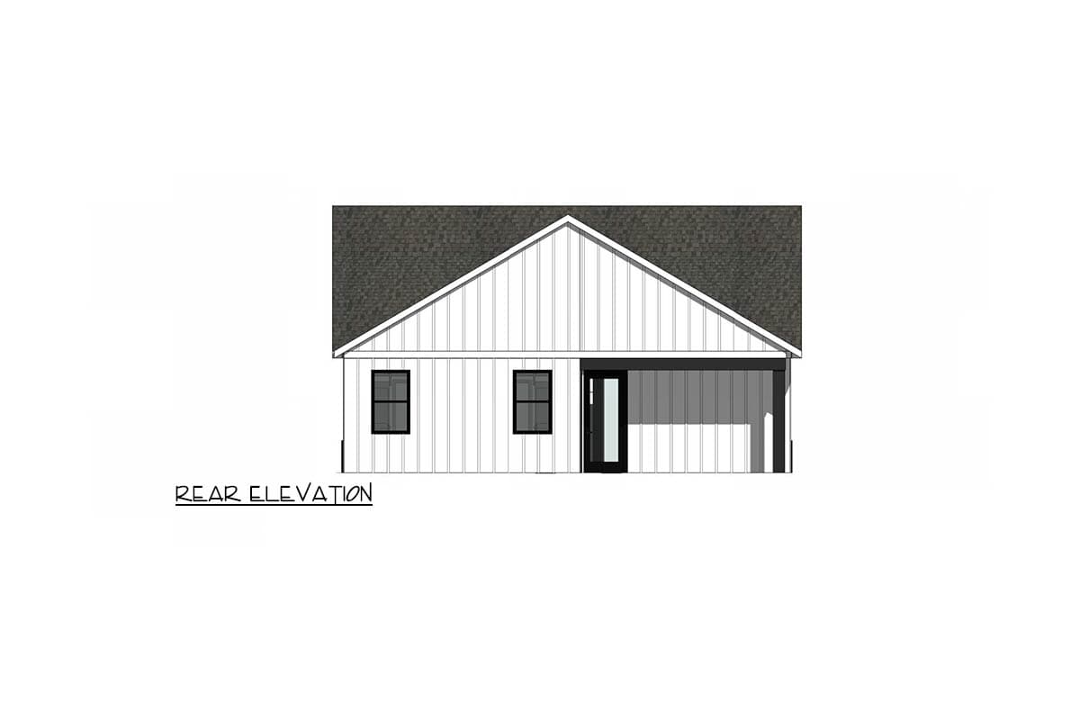 Rear elevation drawing of a house with board and batten siding, two windows, a glass door, and an attached carport.